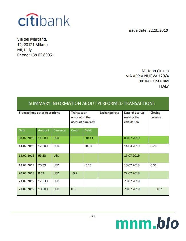 Włochy Citibank szablon w formacie excel pdf